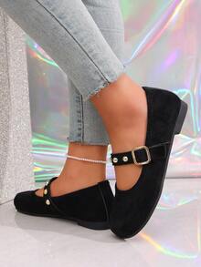 2026 Primavera Nueva Moda Zapatos de Mujer Estilo Mary Jane de Ante, Hebilla Cuadrada con Remaches Dorados, Suela Blanda Puntera Redonda, Diseño Retro de Puntera Redonda Francesa Poco Profunda - Negro - Ver 8