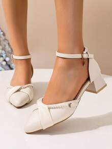 女士米色高跟凉鞋，时尚珍珠装饰优雅粗跟闭趾露跟凉鞋，尖头单带镂空凉鞋，米色高跟凉鞋，适合搭配连衣裙、旗袍、舞蹈服 - 米色 - 查看 4