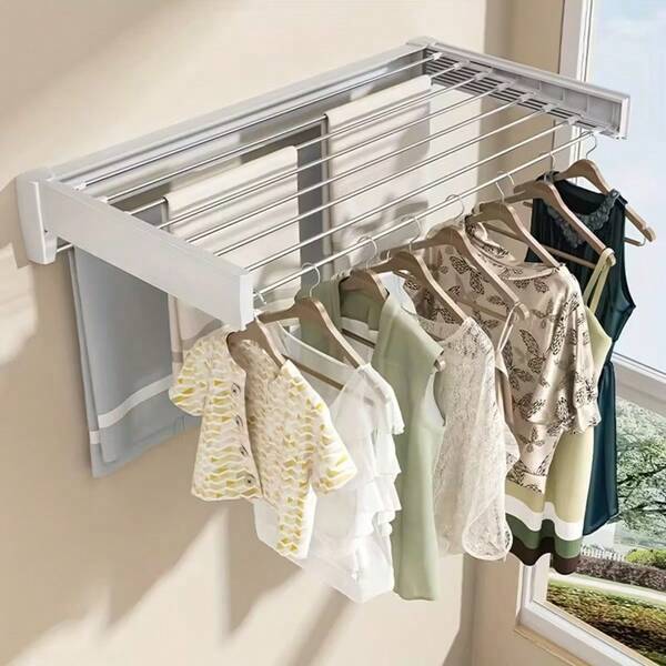 Perforated Wall-Mounted Foldable Clothes Drying Rack, Balcony Retractable Clothesline, Heavy-Duty Invisible Laundry Storage Rack, Retractable Clothes Hanger, Bathroom Invisible Towel Rack, Suitable For Bedroom, Balcony, Living Room, Bathroom Foldable Wall-Mounted Retractable Drying Rack