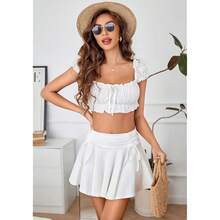 Women Pleated Mini Skirt Y2k Drawstring Short Skirts Ruched Skater Skirt Cute Rave Outfit - 白色 - 查看 7