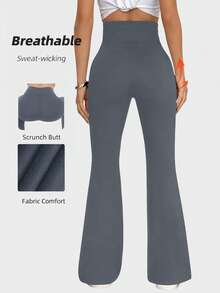 Cross Elastic Flare Pants, Minimalist High Waist Commuting & Yoga Pants, Sexy Casual Sports Leggings, Single-Piece Butt-Lifting Design Flared Pants, Women's Sportswear, Knit Fabric, Stretchy & Comfortable, Suitable For Daily Wear AndWorkoutspring And Summer - Xám - Xem 2