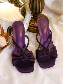 Women's Square Toe One-Strap Sparkling Crystal Heel Sandals, Fashionable Versatile Outdoor Non-Slip Thick Heel Slides, Purple Rhinestone Decor High Heels Suitable For Party, Wedding, Banquet In Spring, Summer, Autumn - Purple - View 3