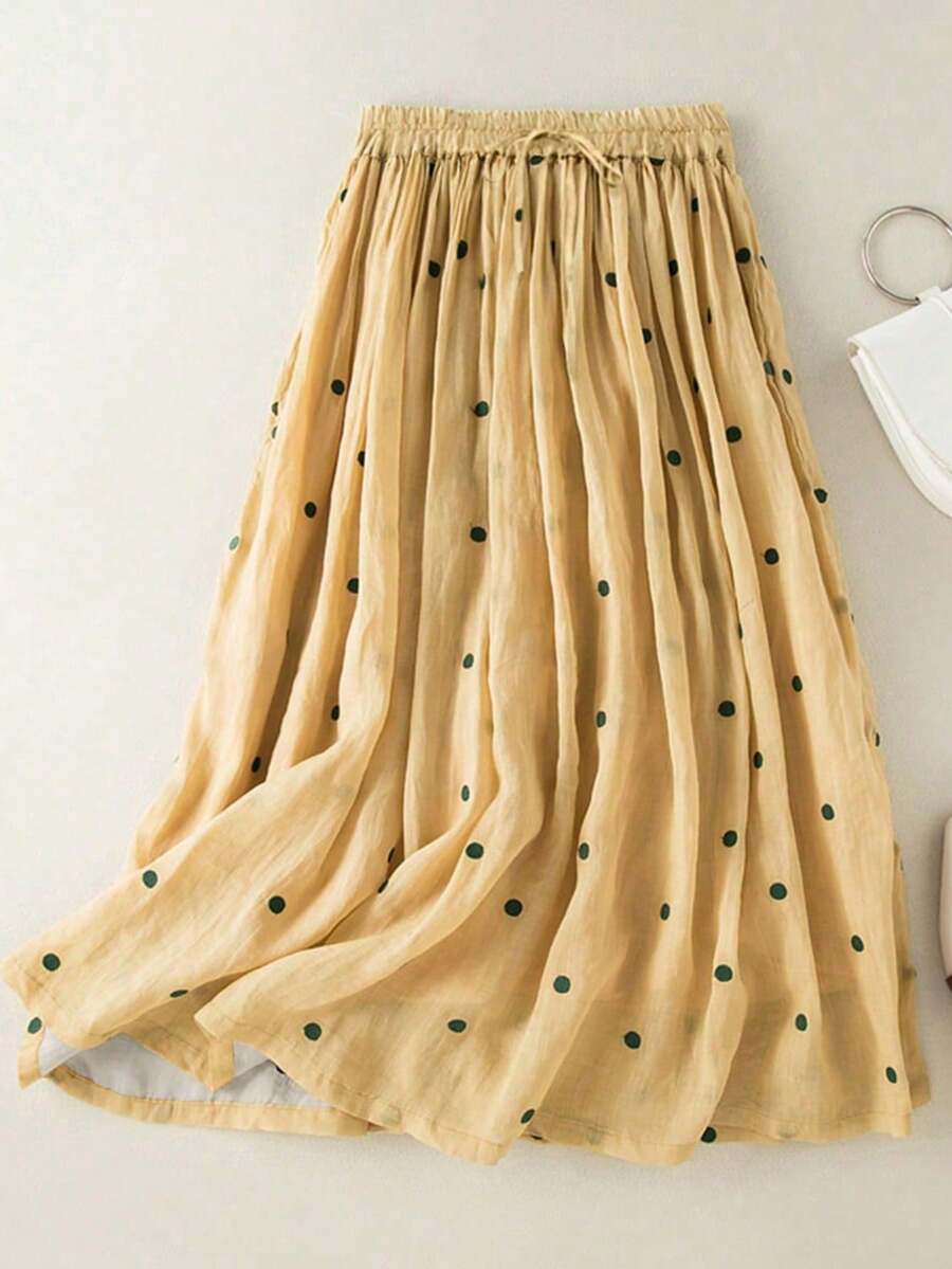 复古波点松紧腰褶裥半身裙，显瘦，大码，A字裙摆，有内衬，长款女裙，适合春夏秋季穿着 - 黃色 - 查看 1