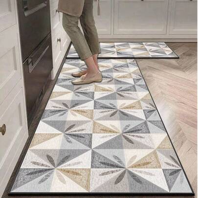 1 tấm thảm trải sàn nhà bếp bằng gel silica, họa tiết hình thoi hình học với họa tiết lá/sao tỏa tròn, phối màu xám, xám nhạt, nâu ấm, xám đậm, mang đến phong cách Bắc Âu tươi mới, thanh lịch và ngăn nắp, phù hợp cho nhà bếp, phòng tắm, hành lang, phòng giặt, phòng ngủ, phòng khách.
