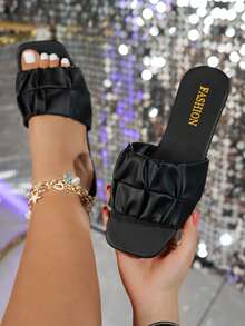 女士时尚褶皱平底凉鞋，黑色百搭宽楦凉鞋 - 黑色 - 查看 5