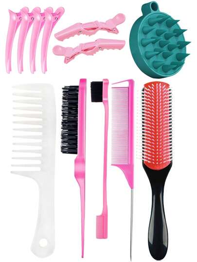 Bộ 12 cọ tạo kiểu tóc chuyên nghiệp dành cho cả nam và nữ, bao gồm cọ nylon 9 hàng, lược đuôi nhọn, cọ viền tóc, lược răng thưa, cọ gội đầu, kẹp tóc và kẹp cá sấu, bộ dụng cụ tạo kiểu tóc chuyên nghiệp, phù hợp cho việc tạo kiểu tóc hàng ngày của phụ nữ.