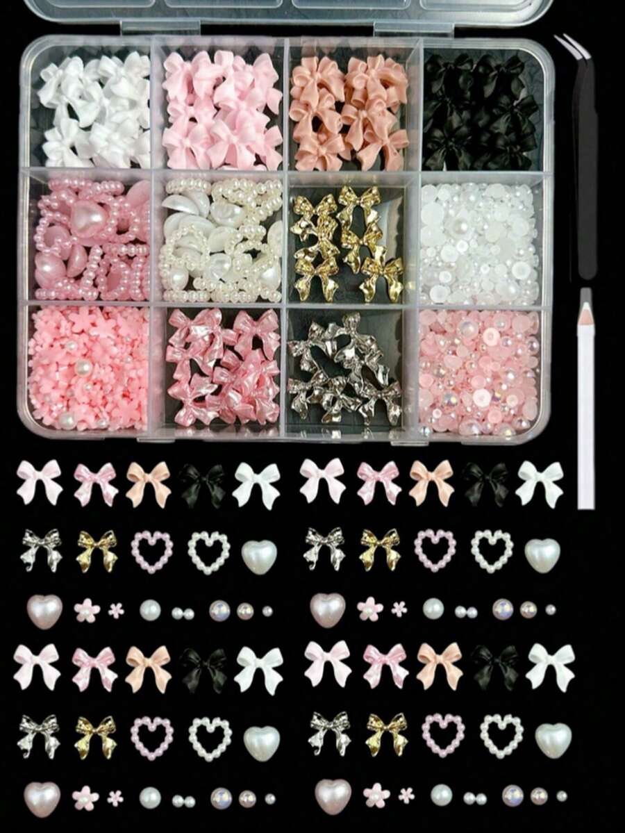 12 Compartments Mixed Resin Pearl Bow, Heart, Mini Flower Decorations, DIY Nail Art Accessories, Cute & Versatile Nail Jewelry - Multicolor - View 1