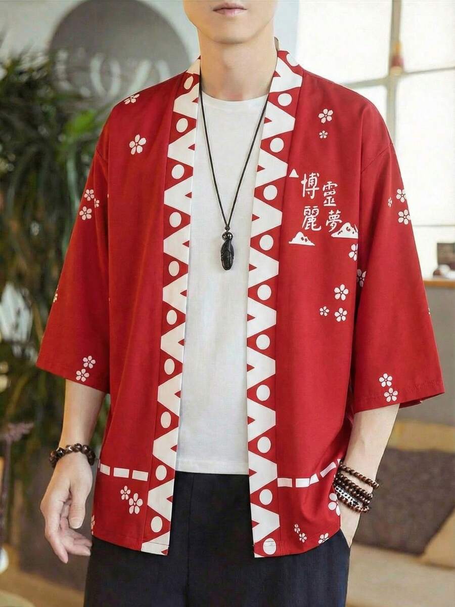 Áo choàng tay lửng kiểu Nhật Bản họa tiết yêu quái, áo khoác cardigan nhẹ, dáng rộng, thoải mái dành cho nam và nữ. - Đỏ - Xem 1