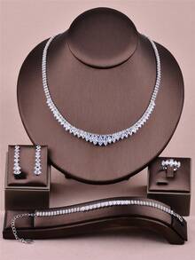 CORUIXI 1套銀色眼形白色立方氧化鋯珠寶套裝，包括項鍊、耳環、手鏈和戒指。適合派對、宴會、婚禮、生日和女士禮物。 - 銀色 - 查看 11