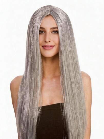Raysman Peluca larga, lisa y gris para mujer: Fibra sintética, natural y realista, resistente al calor / Ideal para disfraces, Halloween, Navidad o fiestas temáticas.