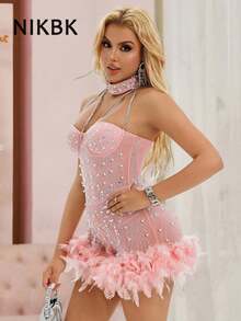 NIKBK Sexy Backless, Strapless Pink Choker Dress With Rhinestone, Pearl & Faux Feather Decor, Suitable For Birthday Party, Cocktail Party, Club, Wedding Guest - Baby Pink - View 6