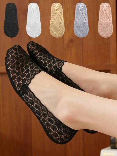 chuanwa（2） 1/5/10 Đôi tất thuyền mỏng và gợi cảm kiểu Pure Desire dành cho nữ mùa hè, chất liệu ren và họa tiết hoa mai.