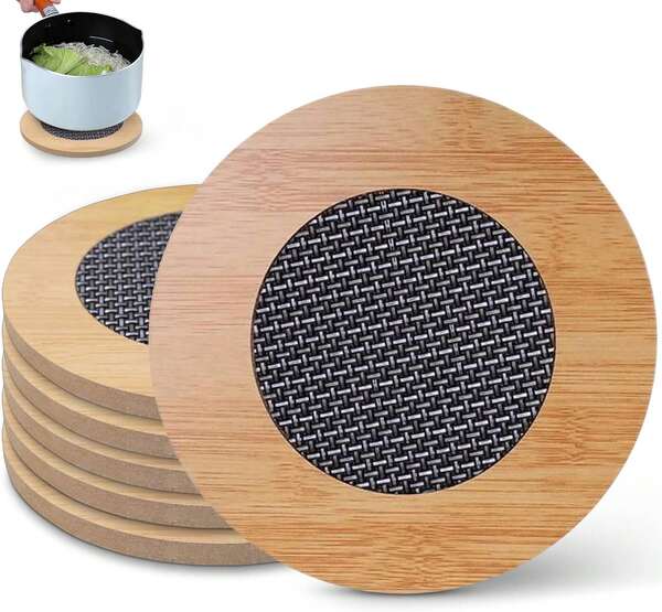 6 Pcs Wooden Trivets Hot Pads For Kitchen,5.7 Placemats Set Of 6 For Coffee Mat\/Table Mats\/Pot\/Bowl\/Teapot, Anti - Slip Mesh Wooden Trivets