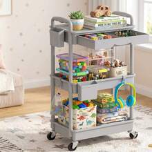 3 Tier Rolling Cart With Drawer, Bathroom Storage Organizer With 2 Lockable Wheels, Multifunctional Rolling Storage Cart For Bathroom, Kitchen, Office, Craft, Makeup, Baby Essentials, White - 灰色的 - 查看 8
