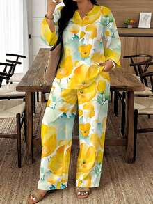 A Set Of Plus Size Women's Lapel Short-Sleeve Long Pants In White With Yellow Poppies, Fresh And Gentle, Woven Fabric, Soft And Casual, For Best Friends, Suitable For Afternoon Tea Gatherings In Summer - 彩色 - 查看 1