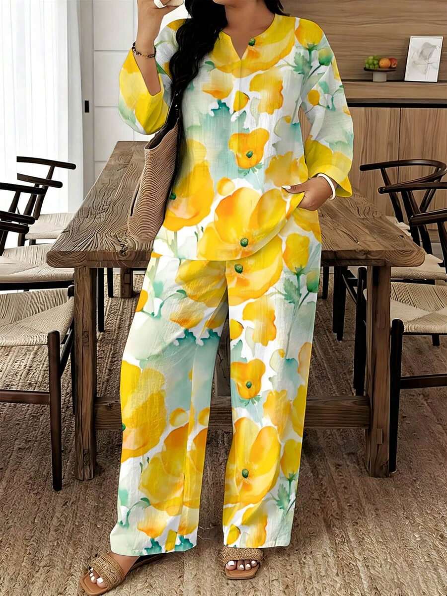 A Set Of Plus Size Women's Lapel Short-Sleeve Long Pants In White With Yellow Poppies, Fresh And Gentle, Woven Fabric, Soft And Casual, For Best Friends, Suitable For Afternoon Tea Gatherings In Summer - 彩色 - 查看 1