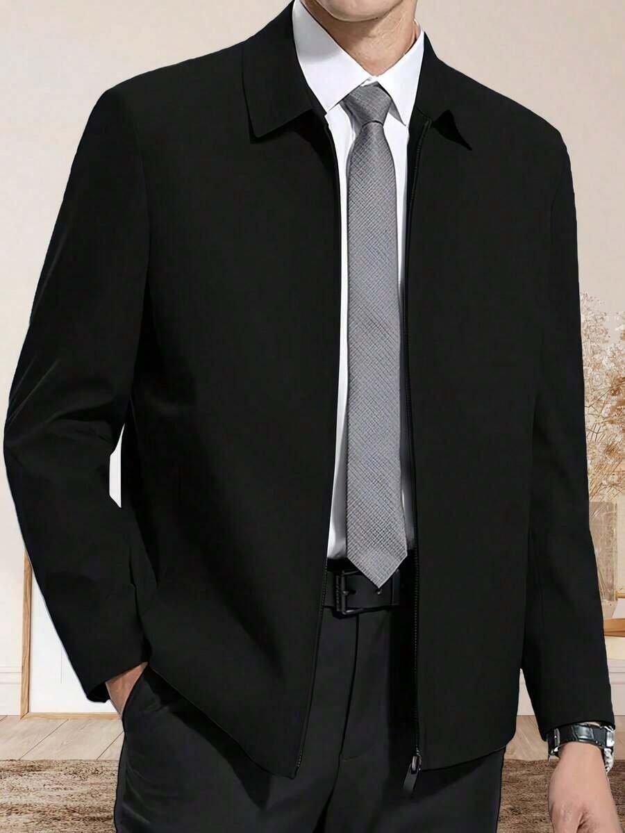 1pc Men's Casual Turndown Collar Jacket, Business Gentleman Casual Jacket Top For Spring & Autumn, Business Formal Style - 黑色 - 查看 1