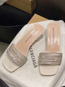 Women's Crystal Heel Wedge Toe Ring Sandals, Fashion Transparent Chunky Heel Beach Vacation Slippers - Beige - View 6