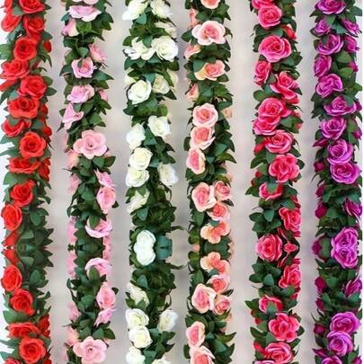 1/2pcs Artificial Hanging Rose Vine Fake Flower Garland, Rose Evergreen Ivy Vine Silk Rose Plant With Green Leaves Decor, Suitable For Home, Room, Garden, Wall, Indoor/Outdoor, Bedroom, Wedding, Dining Table, Party, Birthday, Valentine's Day Decoration