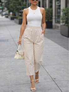 Pantalón dama mujer cintura elástica delgado y fresco para verano de moda casual unicolor - Hueso - Ver 5