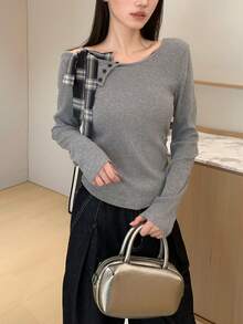 Áo len dệt kim tay dài ôm sát, kiểu nơ bất đối xứng, chất liệu vải cắt ngẫu nhiên. - Xám - Xem 1