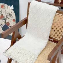 1 chiếc chăn dệt kim họa tiết kim cương có tua rua - Khăn choàng ấm áp dùng được cả bốn mùa, phù hợp cho ghế sofa hoặc giường, kiểu dáng hiện đại. - Màu be - Xem 4