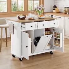 Kitchen Island With Wheels, Extendable Dining Area, Kitchen Island With Waste Bin And Drawers, Mobile Kitchen Island Ideal For Kitchen And Dining Room (White) - 白色 - 查看 3
