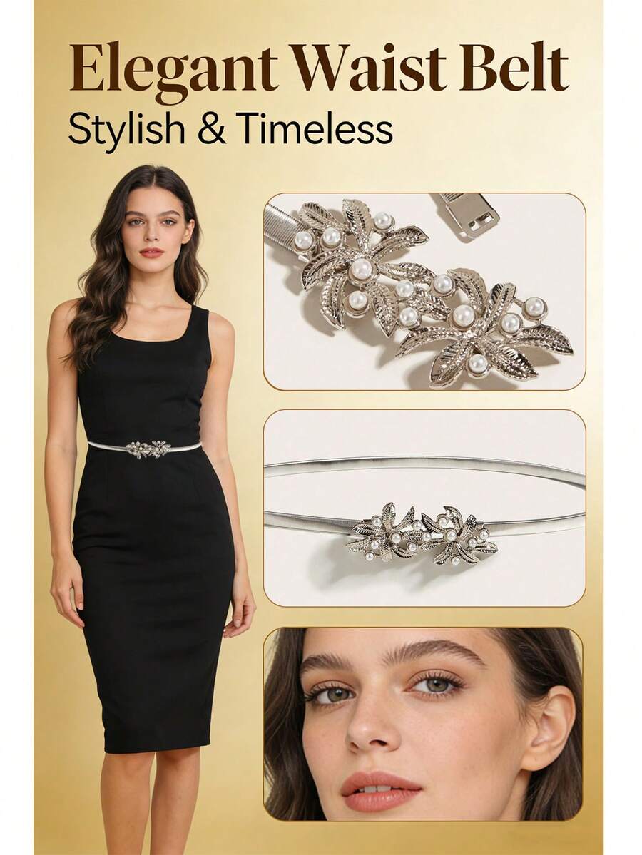 1件装女士银色春日珍珠花朵搭扣装饰连衣裙束腰带，时尚百搭纯金属腰带，适合日常穿着 - 銀色 - 查看 1