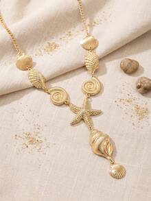 1pc Fashionable Exaggerated Gold Starfish & Shell Y-Shaped Necklace, Metal Coastal Style Women's Necklace Suitable For Beach, Party, Versatile - Gold - View 2