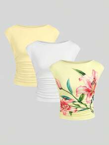 Damen Rundhals Plissee Ärmellos Camisole Tops, inklusive Blümchen und einfarbig, geeignet für Frühling zum Kombinieren im lässig Sommer - Verschiedenfarbig - Übersicht 1