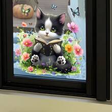 1pc Removable Reading Cat Window Sticker, Cute Cat With Flowers & Butterflies Window Decal For Living Room And Bathroom - one-size - View 2