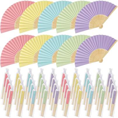 5pcs/Set Soft Color Folding Paper Fans, Suitable For Wedding Guests, Bamboo Folding Hand Fans With Gift Bags, Retro Paper Hand Fans, Applicable For Bachelorette Party Decor, Photo Props, DIY Portable Bamboo Paper Fans, Birthday Party Decor, Suitable For Engagement, Graduation, Wedding Party Decor, Home Bedroom Dining Table Decor, Party Performance Photo Props, Home Living Room Office Decor, 1 Set