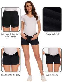 Fitglam Maternity Black Denim Shorts With Pockets And High Stretch Fabric Casual Style - 黑色 - 查看 6