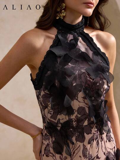 Women's Elegant Delicate 3D Floral Halter Dress, Placement Print Sleeveless A-Line Dress, Suitable For Wedding, Party, Daily Gathering, Vacation In Spring And Summer