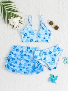 Bộ bikini in hoa mùa hè dành cho bé gái, kèm áo khoác ngoài có dây rút và váy xếp ly, gồm 3 món. - Màu xanh lam - Xem 1