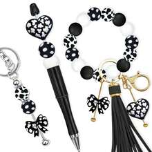 28pcs Silicone Beads, Black & White Bowknot Heart Rose Floral Print Design, Suitable For Jewelry Making, DIY Bracelets, Lanyards, Beaded Pens, Holiday Decorations And Crafts - Ideal Birthday, Spring/Summer, Father's Day, Mother's Day Gift Accessories - Beading Kit, Beading Supplies - 28pcs - View 10