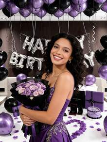 Set de decorațiuni pentru zi de naștere 13/58/558 bucăți, mov și negru - banner argintiu "La mulți ani", balon metalizat negru în formă de inimă + baloane din latex metalizat mov, perfect pentru petrecere tematică K-POP, petrecere de zi de naștere, aniversare, surpriză la hotel, recuzită pentru ședință foto - Stilul 1 - Vizualizare 3