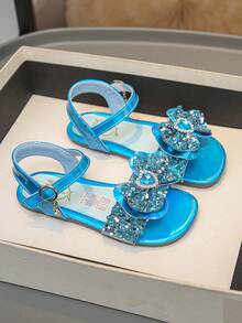 Girls' Princess Sandals, New Summer Blue Rhinestone Bow Soft Bottom Non-Slip Children Sandals - Blue - View 4