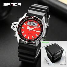 SANDA. SANDA Men's Retro Sports Electronic Watch, Dual Display Dial, Multi-Function Digital Wristwatch, Suitable For Outdoor And Daily Wear - Silver - View 1