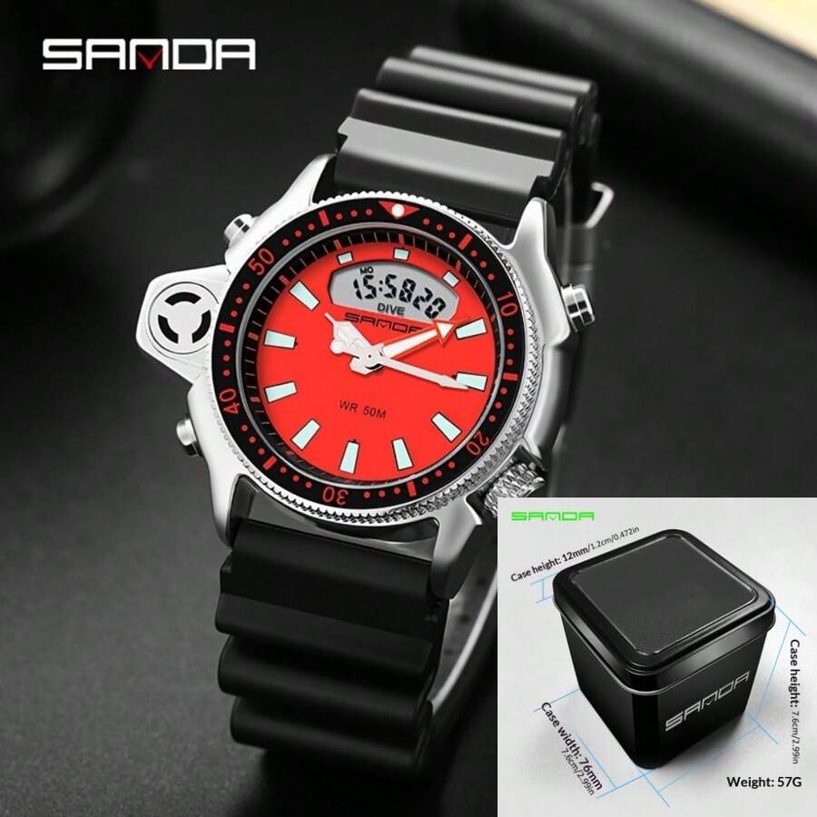 SANDA. SANDA Men's Retro Sports Electronic Watch, Dual Display Dial, Multi-Function Digital Wristwatch, Suitable For Outdoor And Daily Wear - Silver - View 1