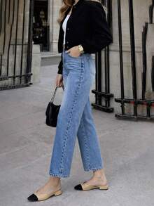 Women's Elastic Straight-Leg Jeans, High-Waisted Light Wash Loose Fit, Casual Streetwear Daily Wear Spring - Baby Blue - View 4