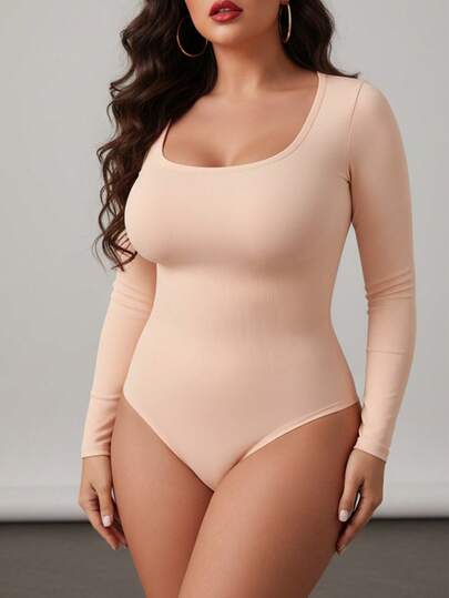 Shapewear de talla grande, body elegante para mujer, body de cuello cuadrado de manga larga color nude, que estiliza y moldea