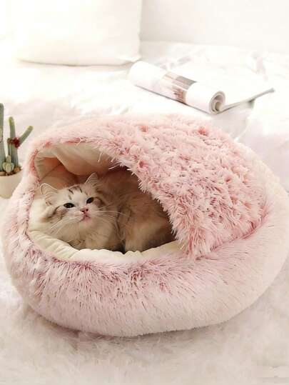 Cama para gato con forma de concha marina semi-cerrada, nido para mascotas, cama para perro semi-cerrada, casa para gato cerrada, suministros para mascotas, adecuada para gatitos, gatos y perros pequeños y medianos, casa redonda esponjosa para gato/perro con tapa