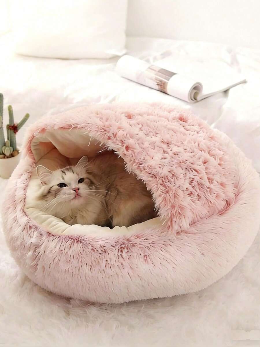 海贝半封闭式猫窝，宠物猫窝，半封闭式狗窝，封闭式猫屋，宠物用品，适合幼猫、小型和中型猫狗，带盖蓬松圆形猫狗屋 - 灰色 - 查看 1