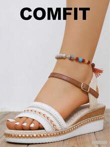 Sandal Wedges Manik-Manik Versi Lebar, Sepatu Pantai Platform Anyaman Nyaman untuk Wanita, Sandal Romawi Retro Ukuran Besar - Putih - View 6
