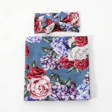 Receiving Blanket Headband Set Flower Print Baby Swaddle Blankets - 藏蓝色 - 查看 2