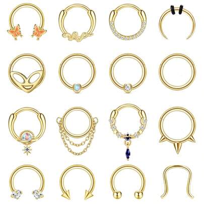 ORAZIO 16 pièces Anneaux de septum 18G Anneaux de nez Clous pour femmes et hommes Bijoux de piercing en acier chirurgical Pendentif Fer à cheval Hélix Tragus Cartilage