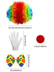 4件套小丑服装套装，包括：彩虹小丑假发、鼻子、领结、白色手套、嘉年华小丑配饰和嘉年华服装。 - 彩色 - 查看 3