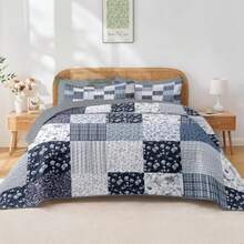 Patchwork Quilt Set Queen Size Floral Boho 3 Pcs Soft Bed Cover Bedding Set Rustic Blue Farmhouse Lightweight Bedspread Coverlet with 2 Pillow Shams for All Season - Flores azules - Ver 1