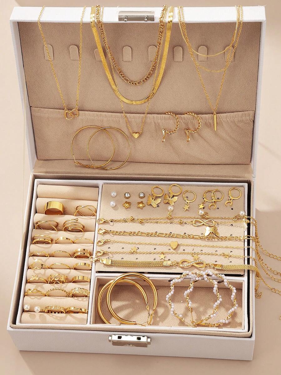 Conjunto de joyería metálica asimétrica para mujer, que incluye collar, aretes, anillo, pulsera y tobillera - Amarillo Oro - Ver 1